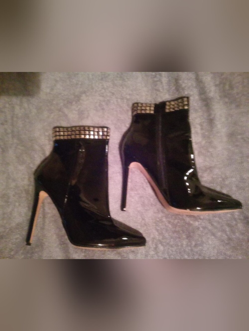 Pleaser Sexy Black Patent Stiletto Ankle Boots with Studded Trim